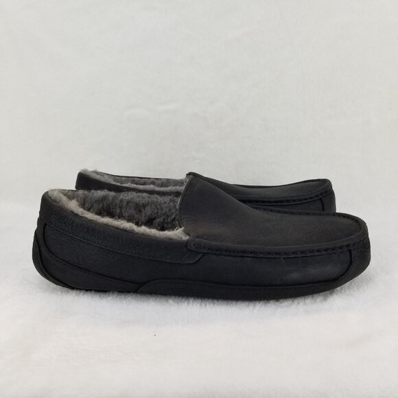 ✅UGG Ascot Black Leather Gray Sheepskin Lined Moc Toe Slippers Men’s 13 Comfort - Picture 9 of 12